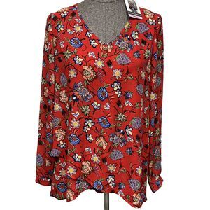 Chelsea & Theodore V Neck Red Blue Floral Blouse Tunic Top Size S Long Sleeve